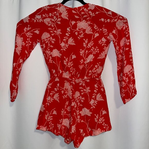 H&M Red Floral Print Romper With V-Neck & Long Sleeves - Picture 7 of 8